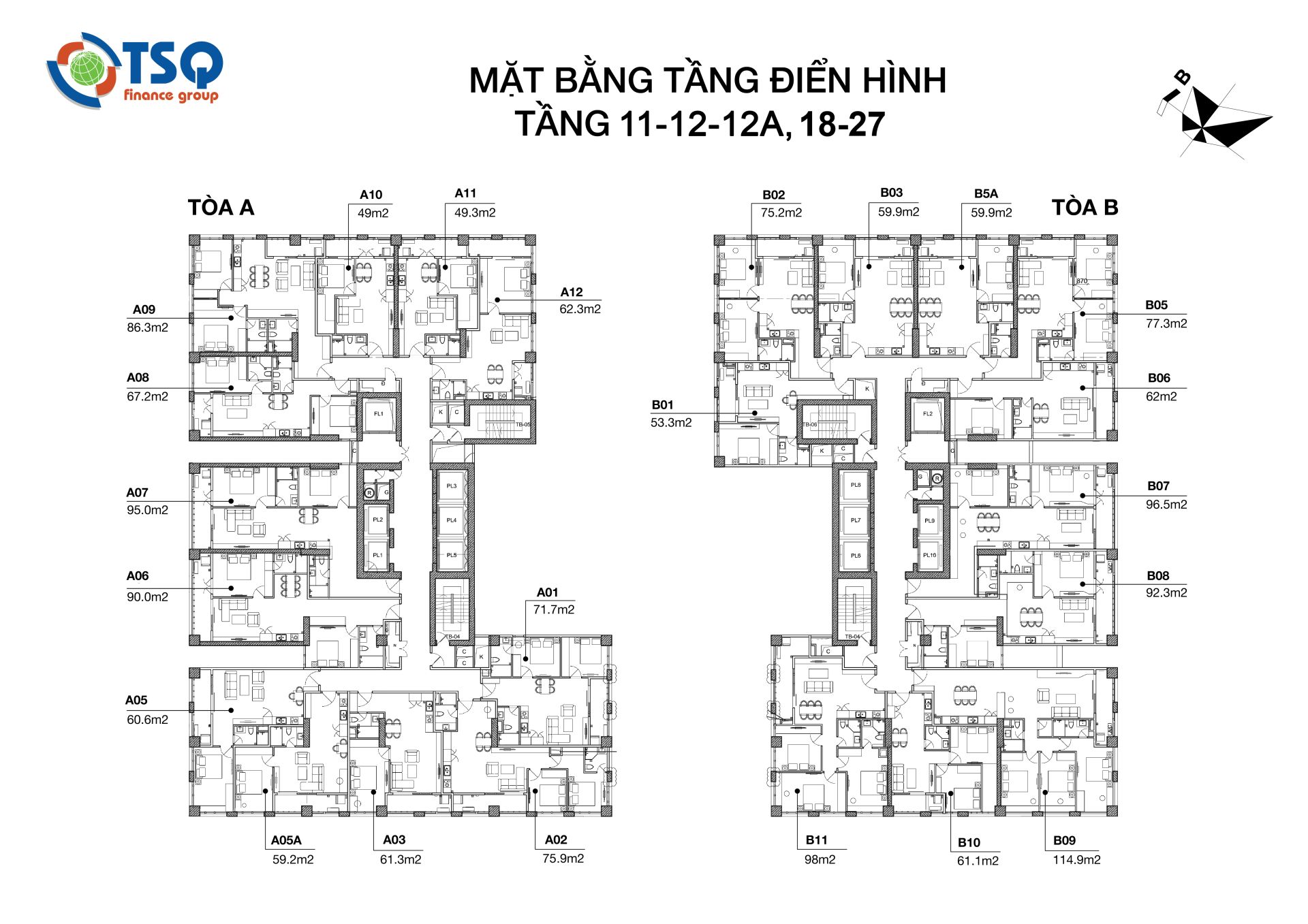 Thiết kế mặt bằng từ tầng 11 – 13; tầng 18 – 27