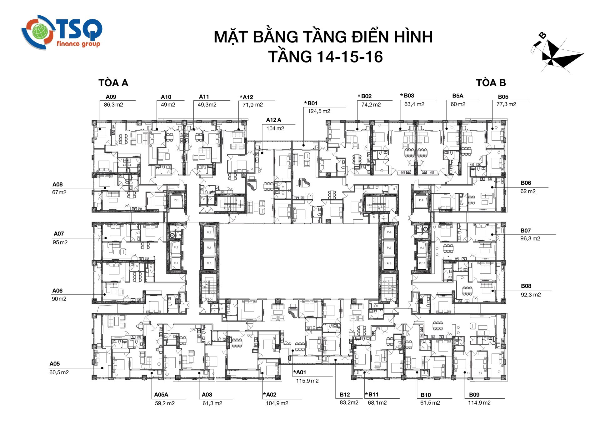 Thiết kế mặt bằng từ tầng 14 – 16
