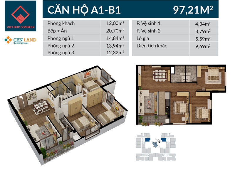 Thiết kế căn hộ A1 B1 chung cư Việt Đức Complex