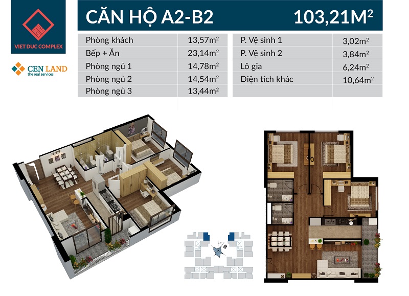 Thiết kế căn hộ A2 B2 chung cư Việt Đức Complex, diện tích 103m2, 3PN