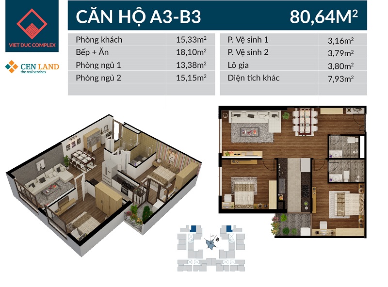 Thiết kế căn hộ A3 B3 dự án Việt Đức Complex, diện tích 80m2, 3PN