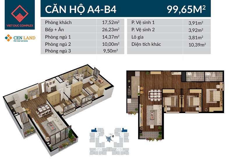 Thiết kế căn hộ A4 B4 chung cư Việt Đức Complex, diện tích 99m2, 3PN