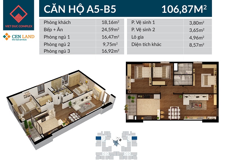 Thiết kế căn hộ A5 B5 chung cư Việt Đức Complex, diện tích 106m2, 3 phòng ngủ