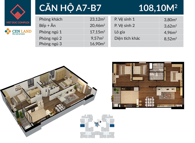 Thiết kế căn hộ A7 B7 tại Việt Đức Complex, diện tích 108m2, 3 phòng ngủ