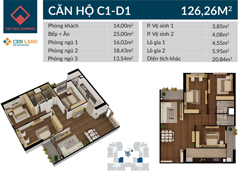 Thiết kế căn hộ C1 D1 tòa nhà Việt Đức Complex, diện tích 126m2, 3 phòng ngủ
