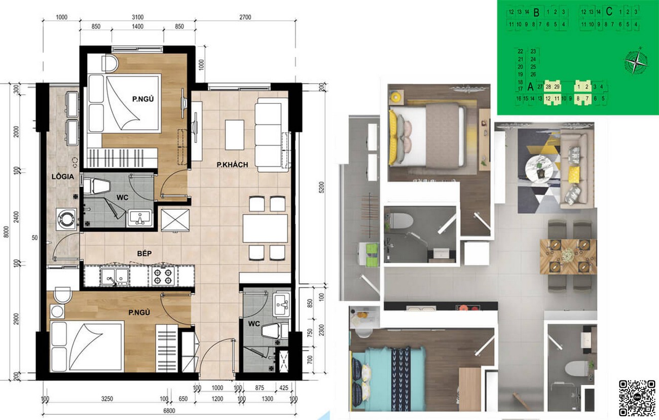 Thiết kế căn hộ góc 2PN dự án Samsora Riverside Dĩ An.Thiết kế căn hộ góc 2PN dự án Samsora Riverside Dĩ An.