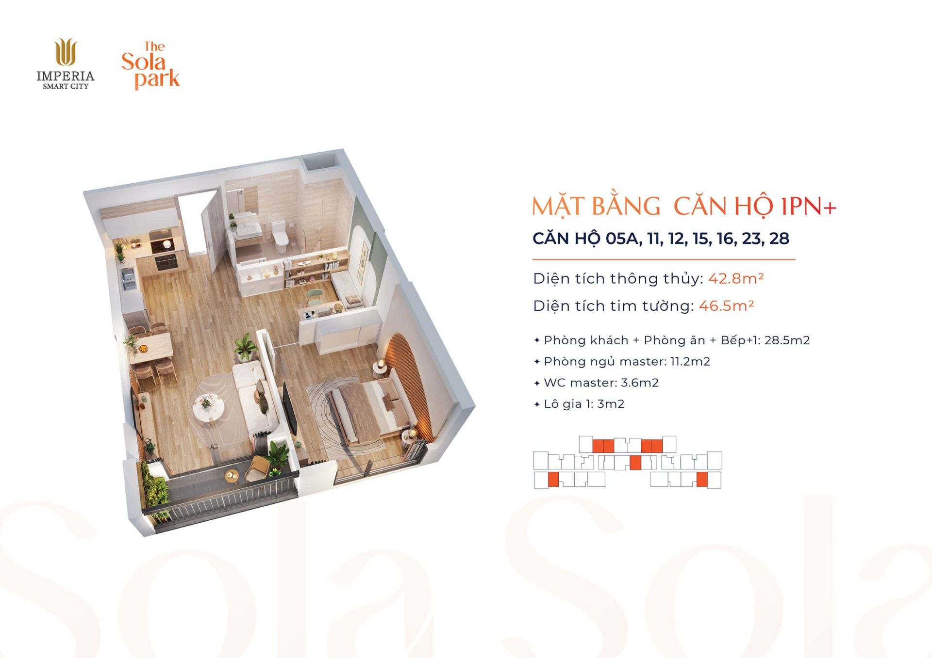 Layout thiết kế Căn hộ 1 Phòng Ngủ, Số 05A, 11, 12, 15, 16, 23, 28 tại dự án The Sola Park Imperia Smart City.