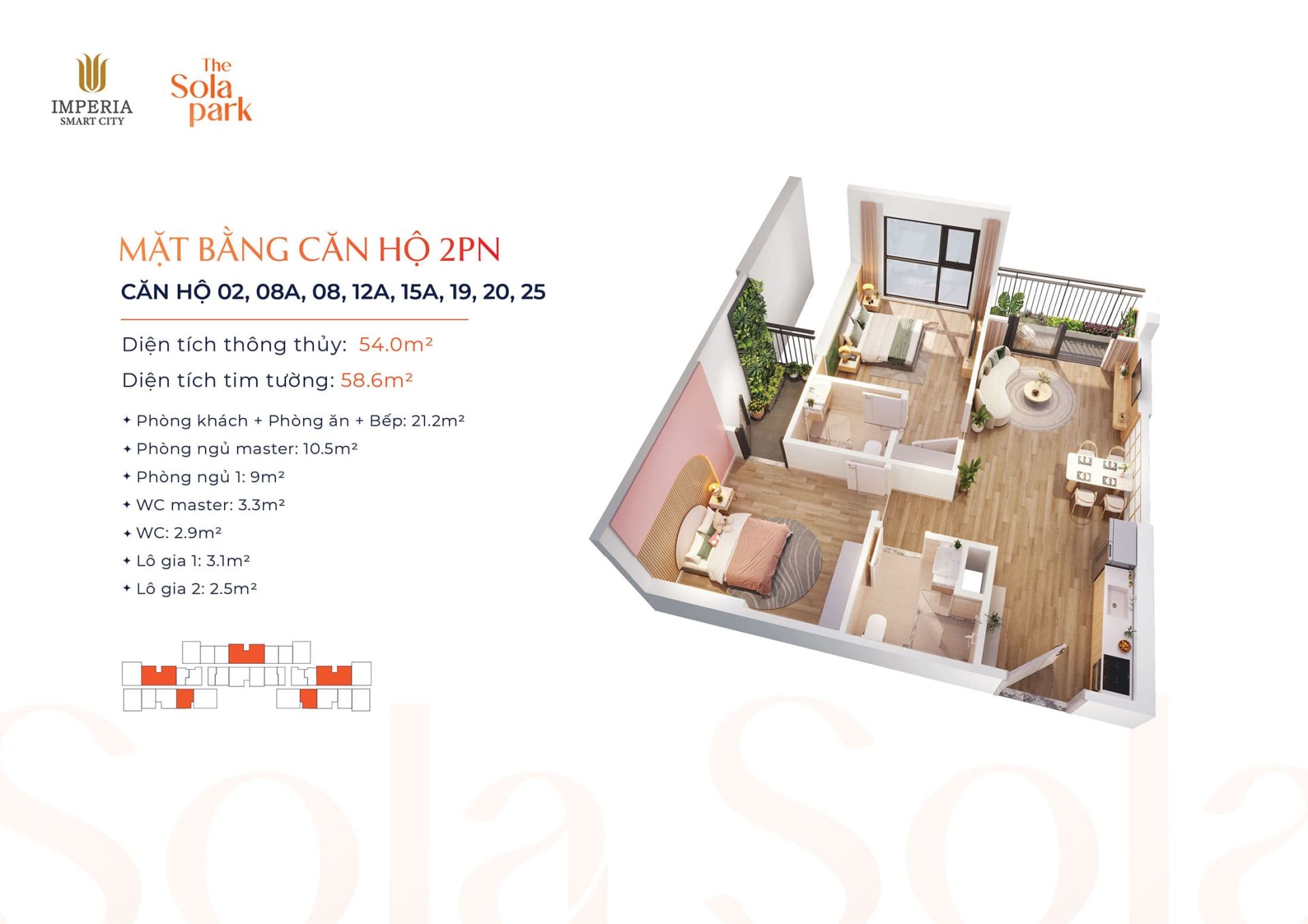 Layout thiết kế Căn hộ 2 Phòng Ngủ, Số 02, 08A, 08, 12A, 15A, 19, 20, 25 tại dự án The Sola Park Imperia Smart City.