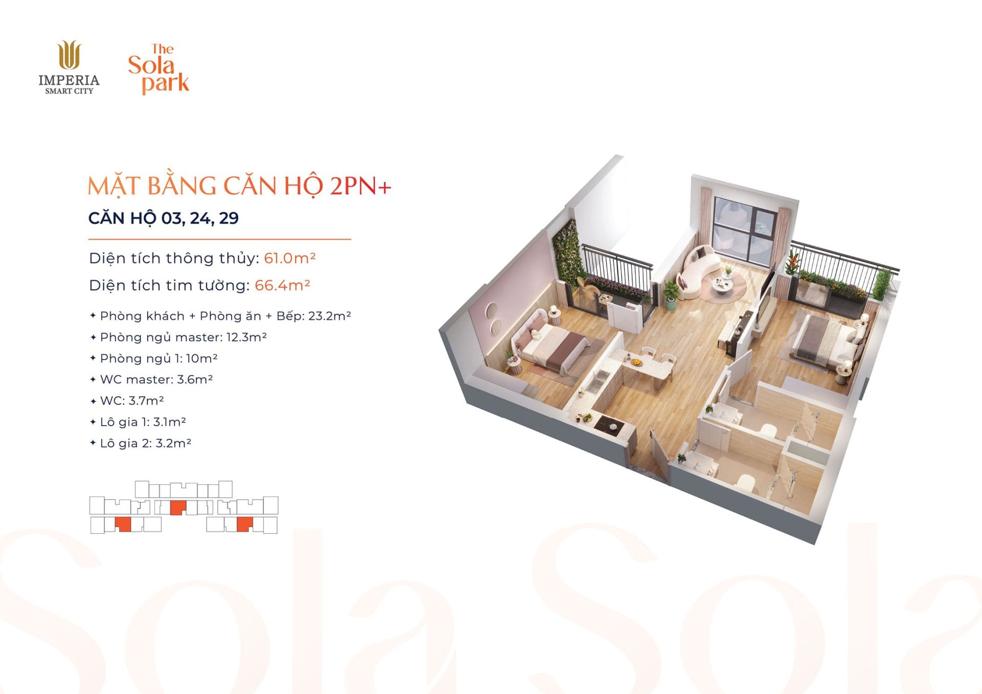 Layout thiết kế Căn hộ 2 Phòng Ngủ, Số 03, 24, 29 tại dự án The Sola Park Imperia Smart City.