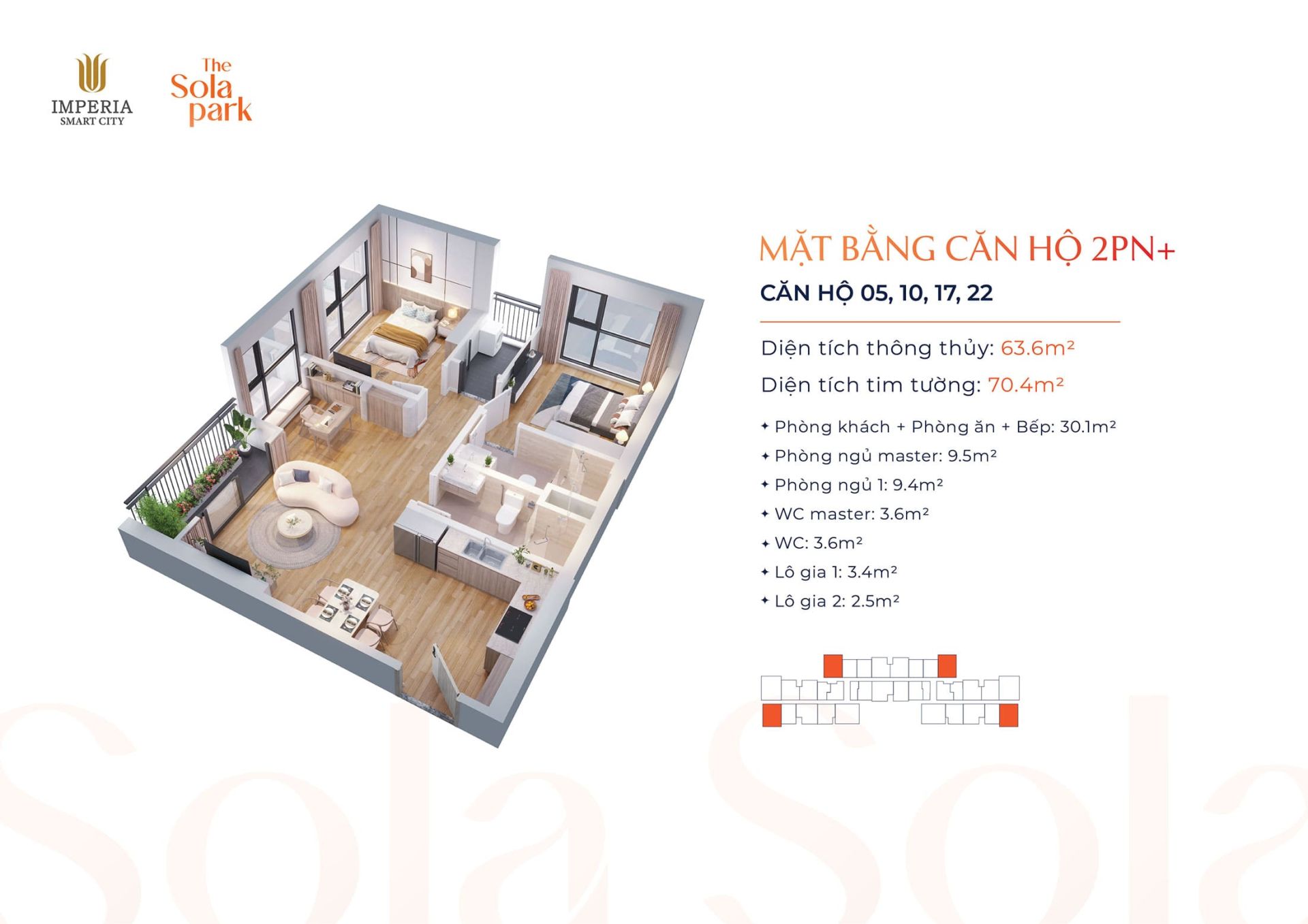 Layout thiết kế Căn hộ 2 Phòng Ngủ, Số 05, 10, 17, 22 tại dự án The Sola Park Imperia Smart City.