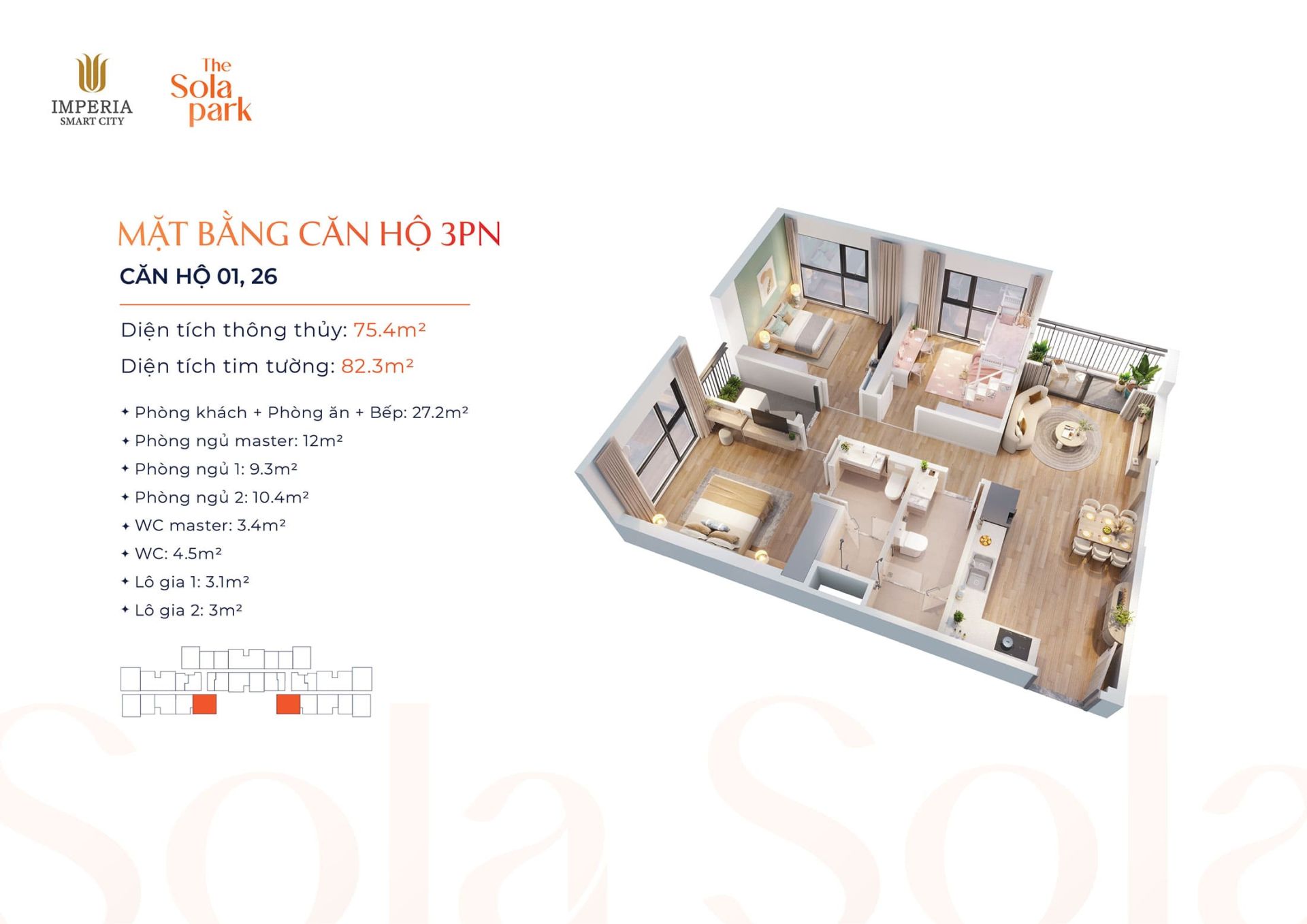 Layout thiết kế Căn hộ 3 Phòng Ngủ, Số 01, 26 tại dự án The Sola Park Imperia Smart City.