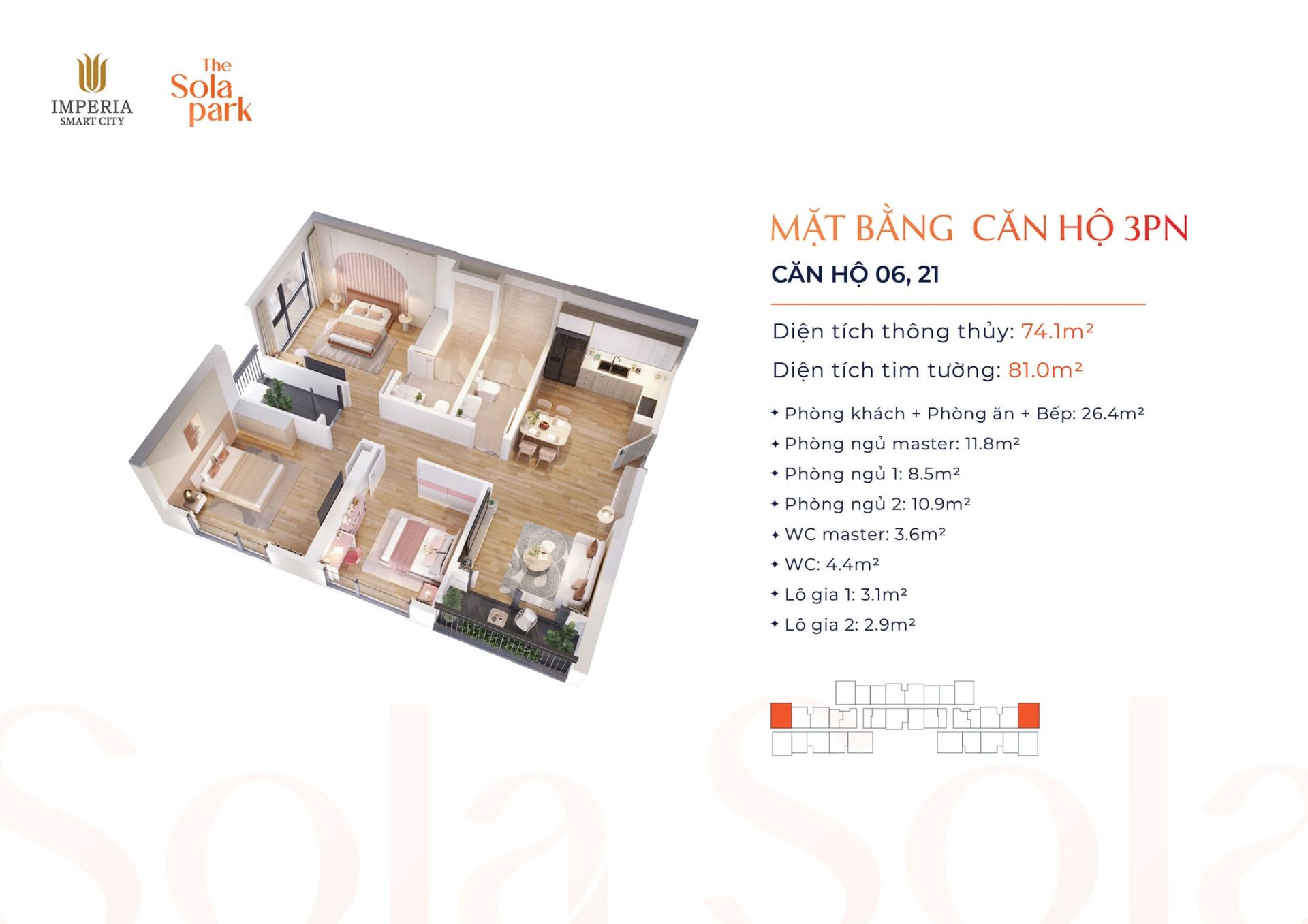 Layout thiết kế Căn hộ 3 Phòng Ngủ, Số 06, 21 tại dự án The Sola Park Imperia Smart City.