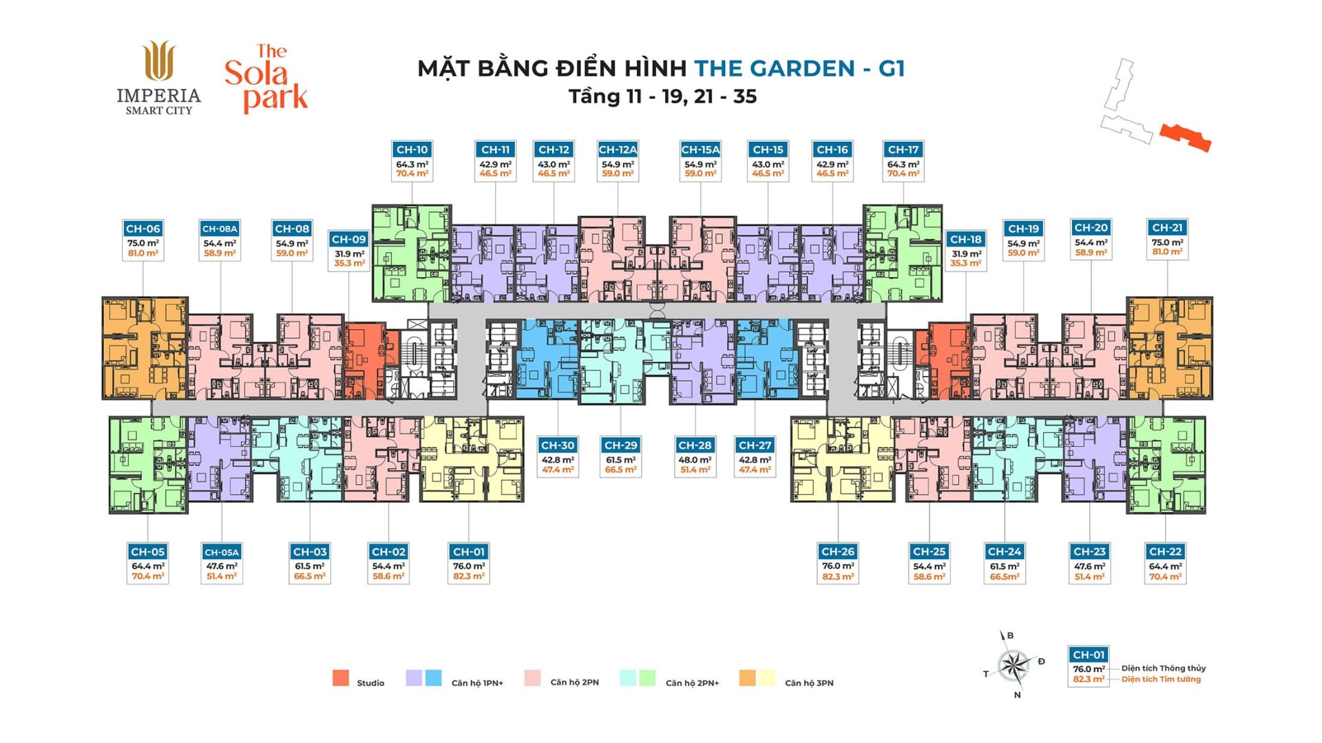 Mặt bằng điển hình Tầng 11 đến Tầng 19 và Tầng 21 đến Tầng 35, Tòa The Garden - G1 dự án The Sola Park MIK.
