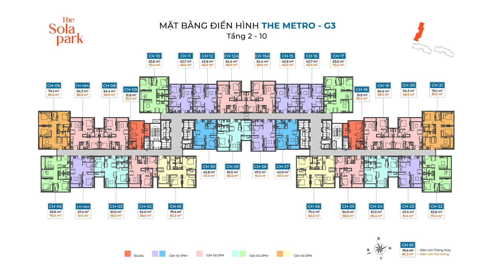 Mặt bằng điển hình Tầng 2 đến Tầng 10, Tòa The Metro - G3 dự án The Sola Park MIK.