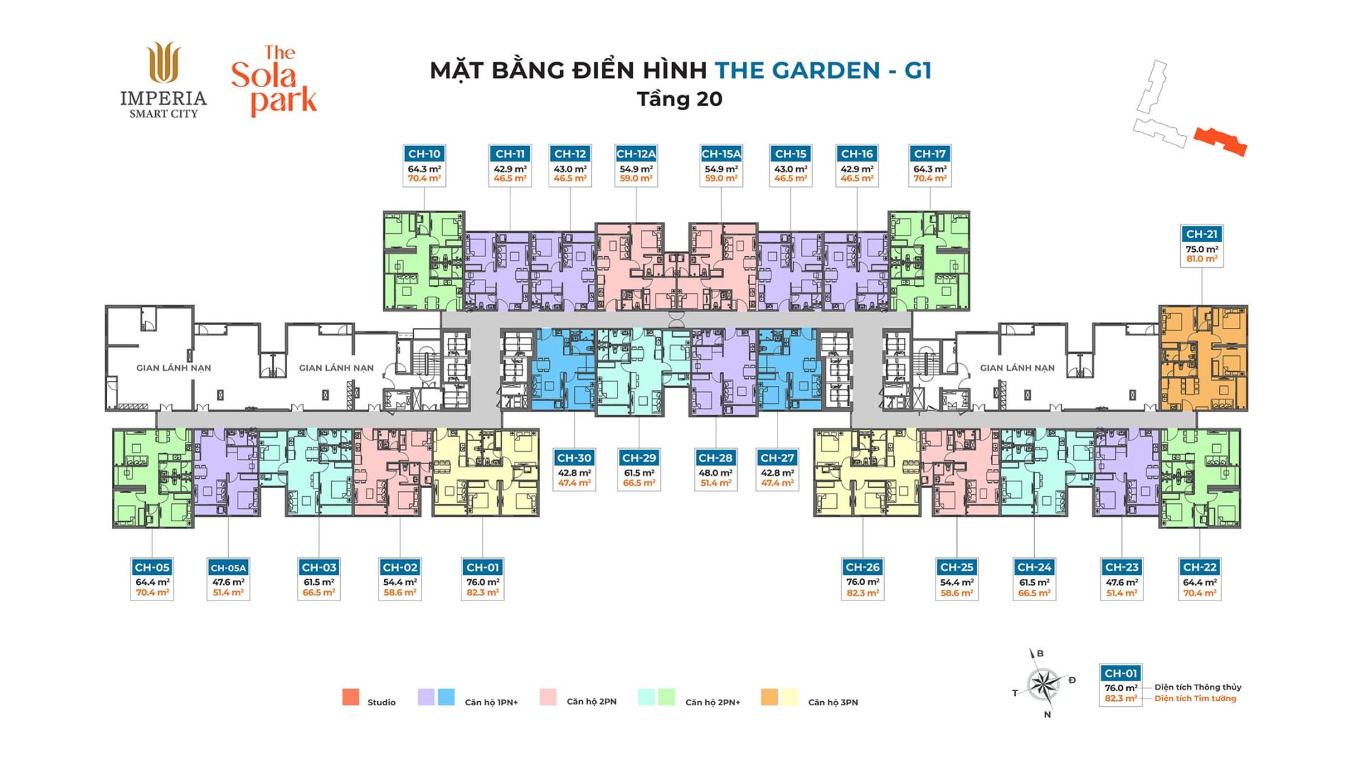 Mặt bằng điển hình Tầng 20 Tòa The Garden - G1 dự án The Sola Park.